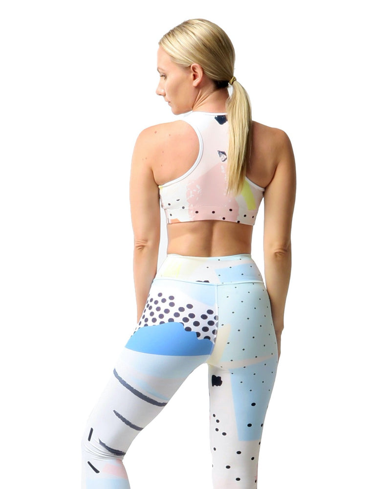 the cool ppl Stacy sports bra with beautiful and bright blue and pink and black pattern