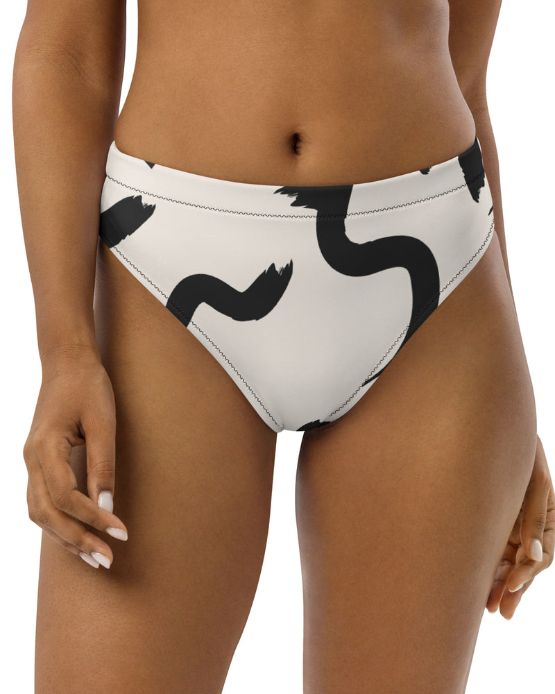 The Cool Ppl strokes in black and off white, high waisted bikini bottom from the Modern Lines swim collection front view